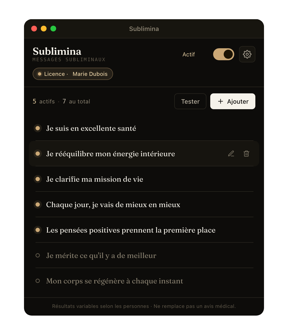 L'application Sublimina, liste de vos affirmations