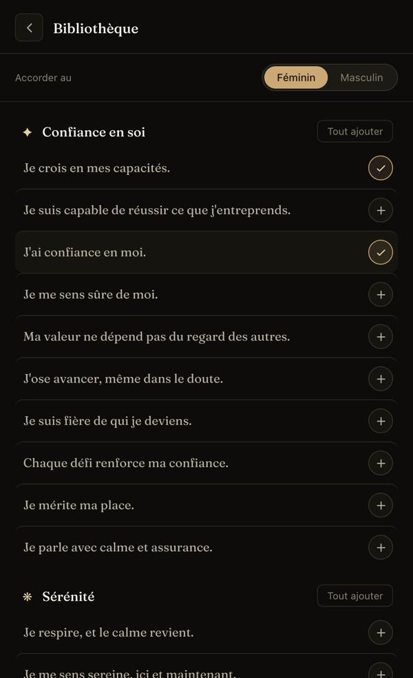 La bibliothèque d'affirmations de Sublimina, classées par thème